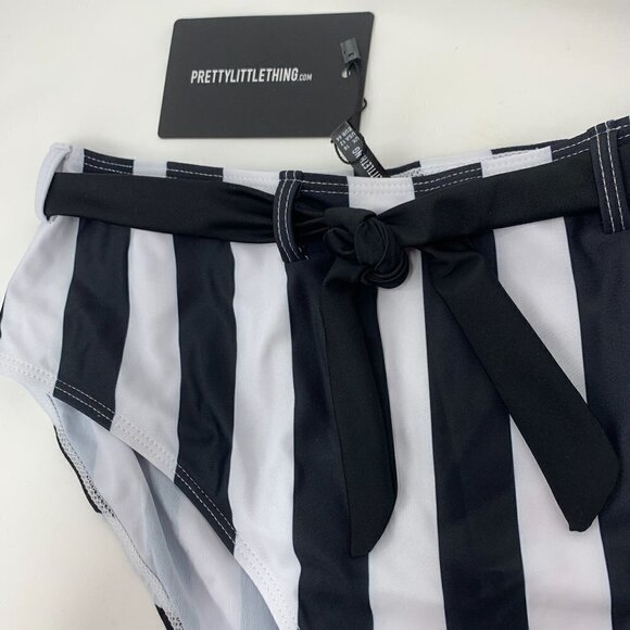 Pretty Little Thing Black & White Stripe Belted Waist Bikini Bottom US Sz12 - Picture 4 of 9